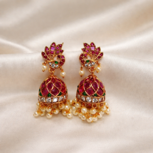 Traditional Peacock Design Gold Plated Jhumka Earrings for Women – Pink Stone & Pearl Drop Temple Jewelry